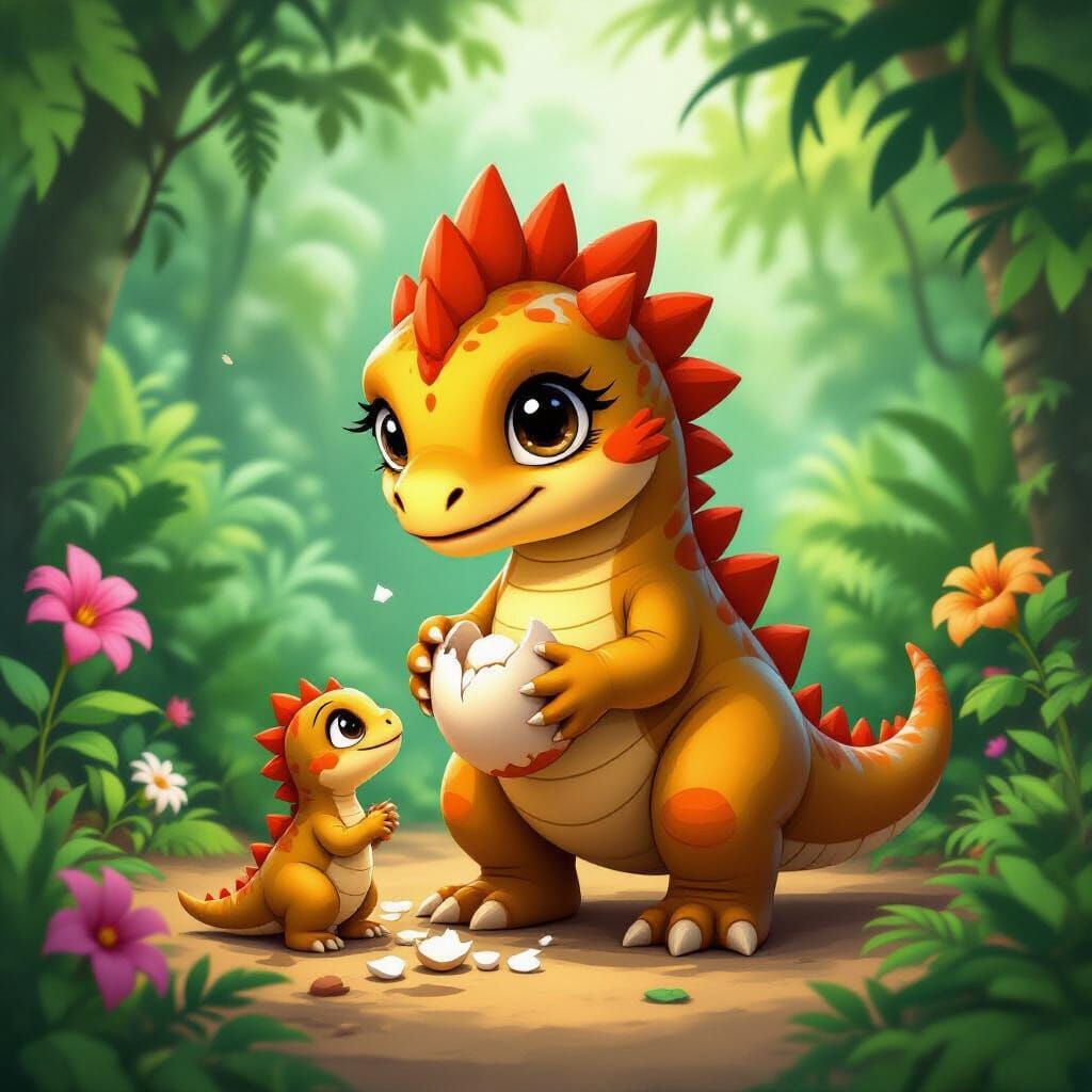 Giant Adorable Dinosaur Helps Baby Hatch in Jungle