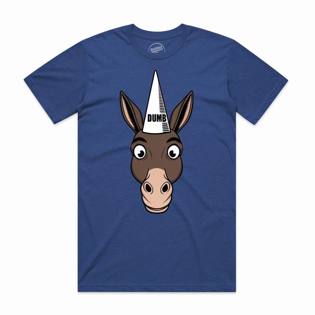 Cartoon Donkey Wears 'Dumb' Dunce Hat in T-Shirt Design