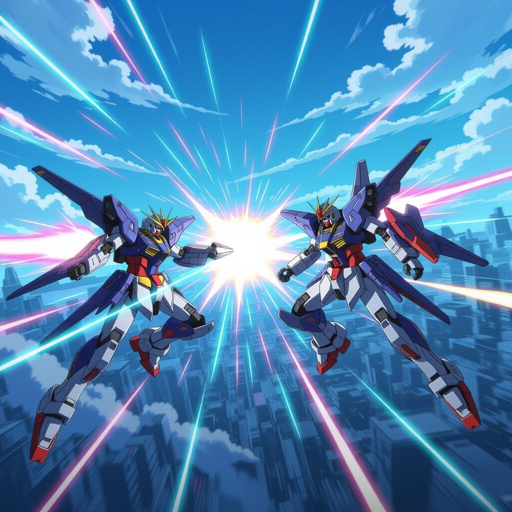 Anime Mechs in High-Speed Aerial Dogfight