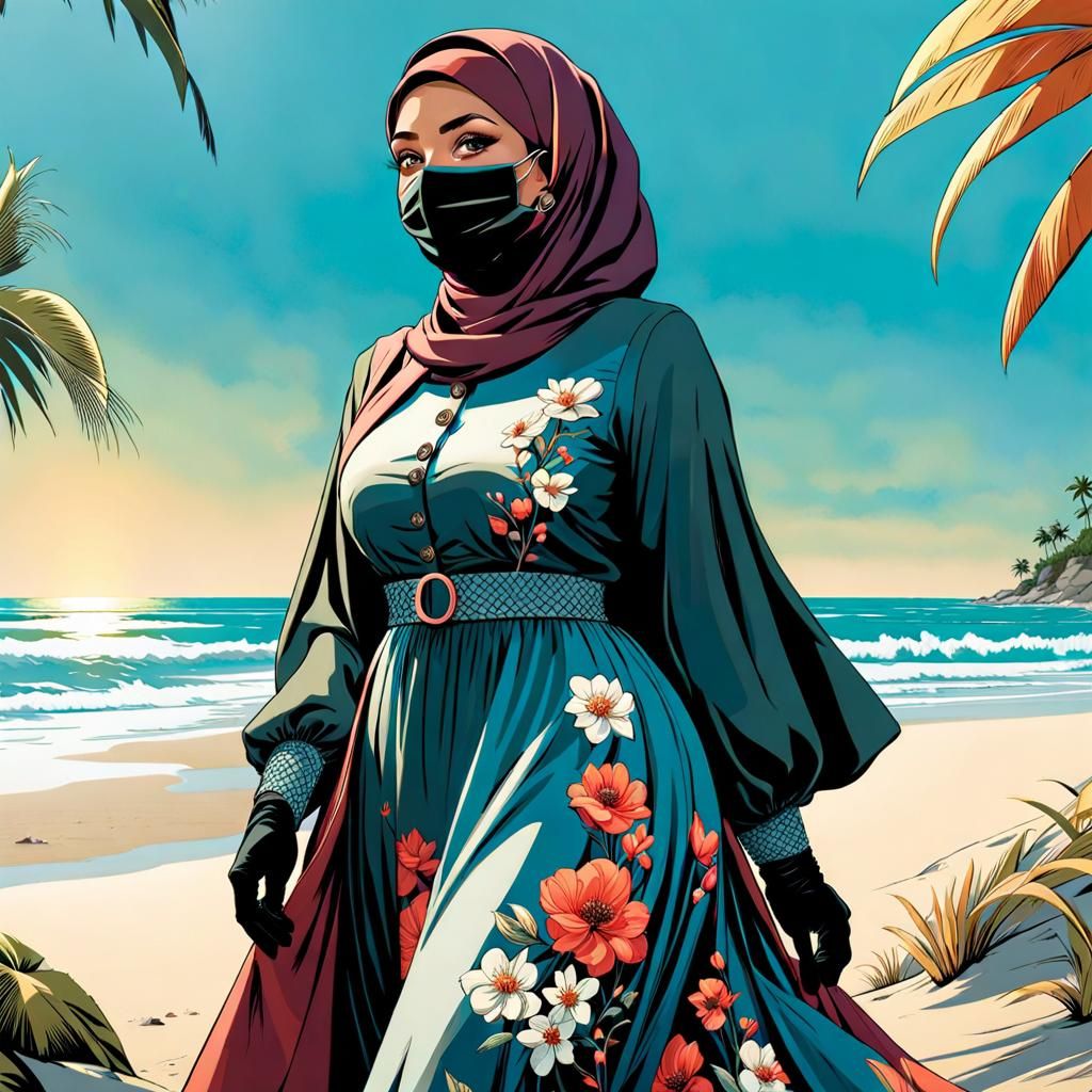 Curvy Woman in Flowered Dress at Beach