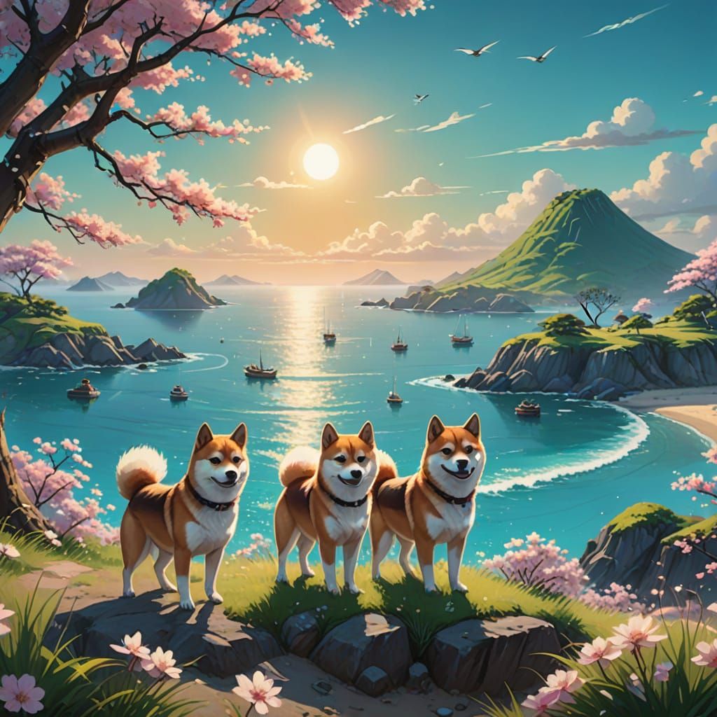 Three Shiba Inus Explore Japanese Island With Vibrant Sea