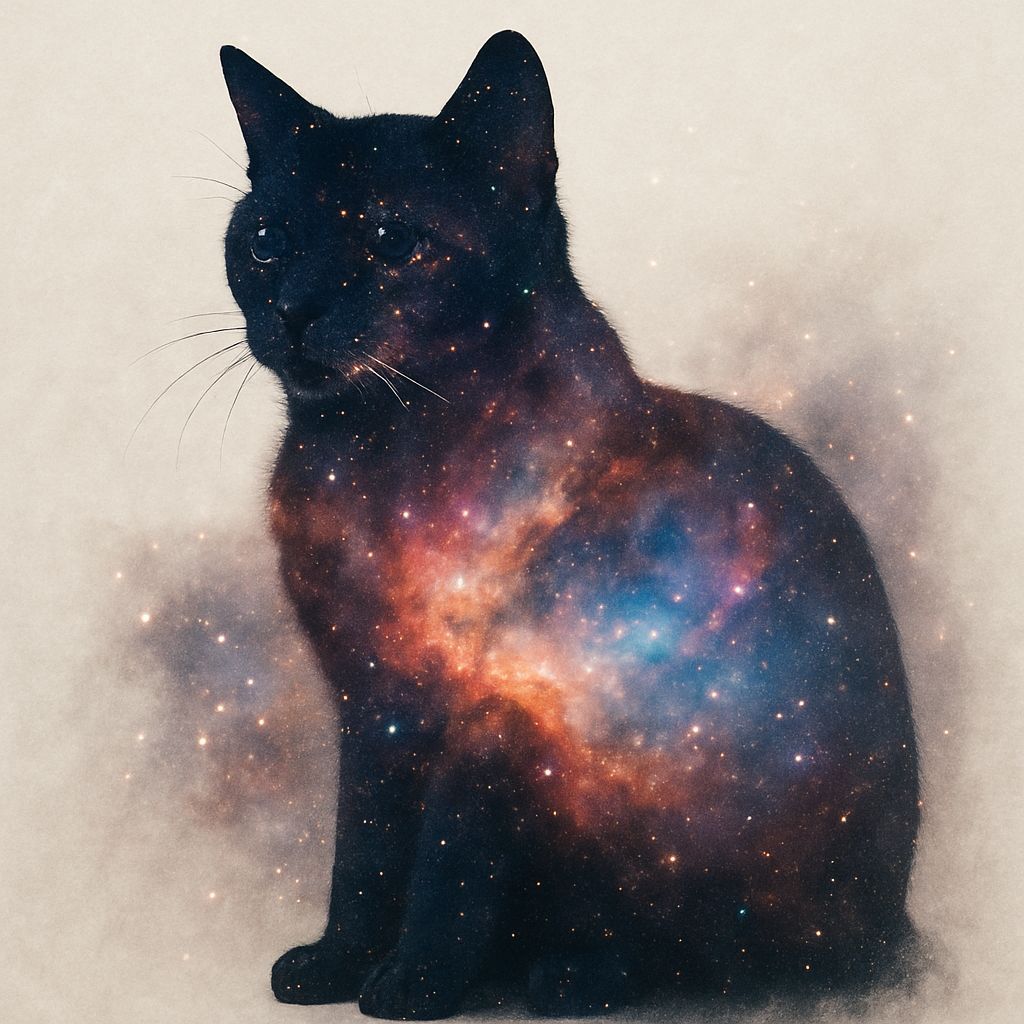 Cat Silhouette Against Cosmic Nebula Double Exposure