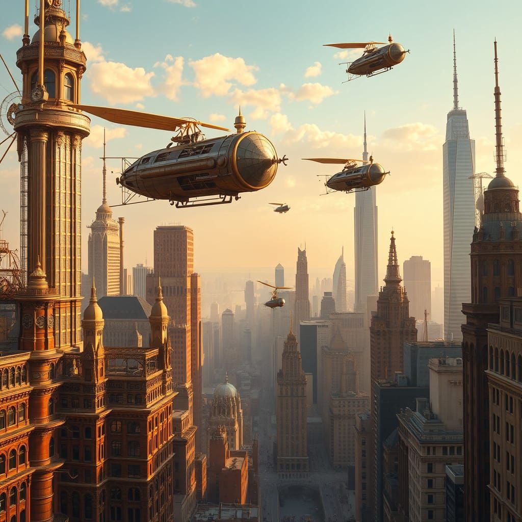 steampunk city with Leonardo Da Vinci style flying machines