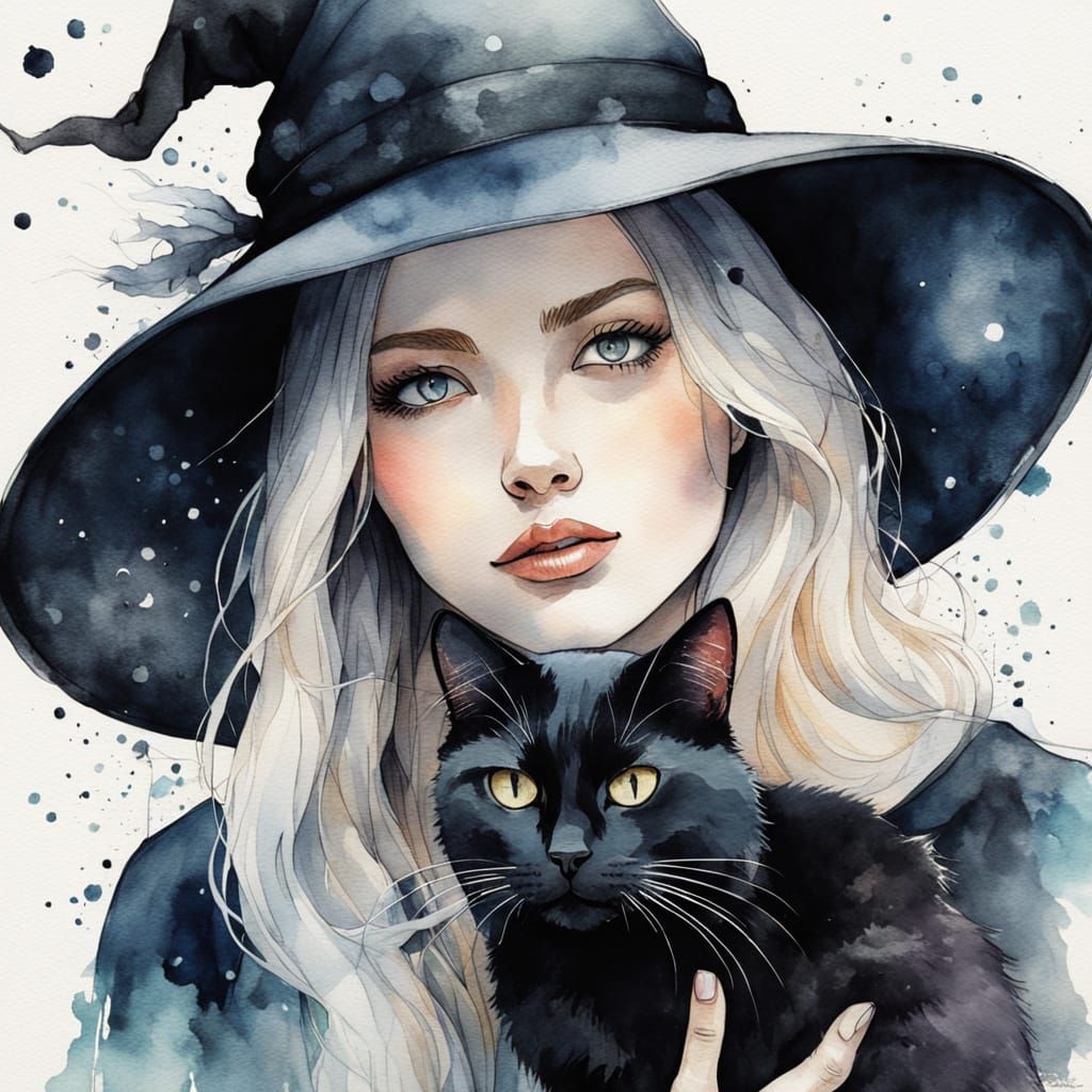 Young Witch and Cat in Watercolor Sumi-e Style