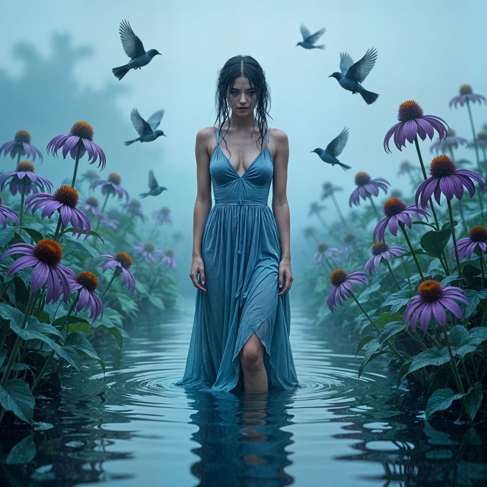 Surreal Digital Art: Woman in Water Among Wilted Flowers