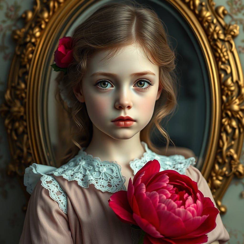 Elegant Victorian Girl in Front of Ornate Mirror