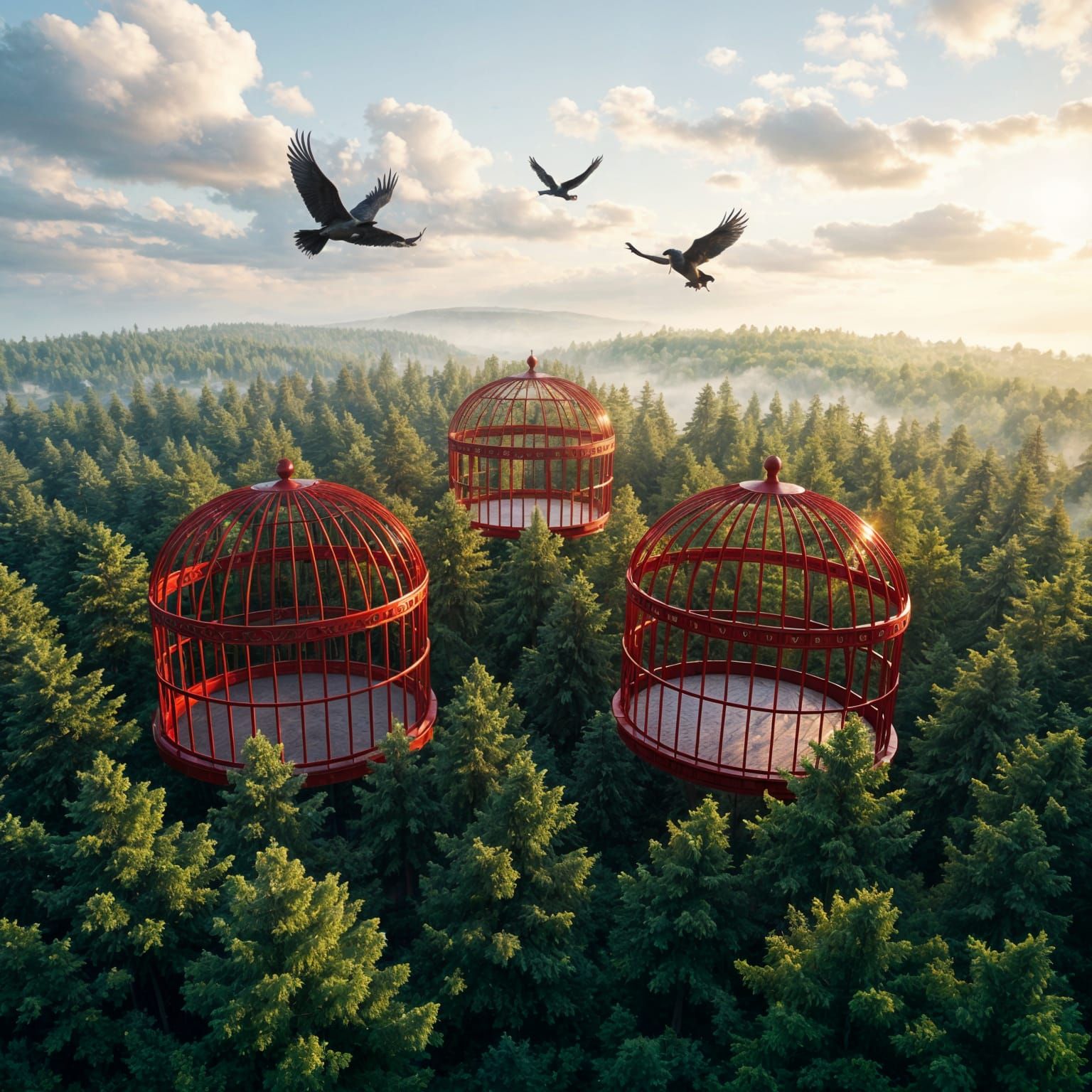 Fantasy Forest with Giant Luminous Birdcages