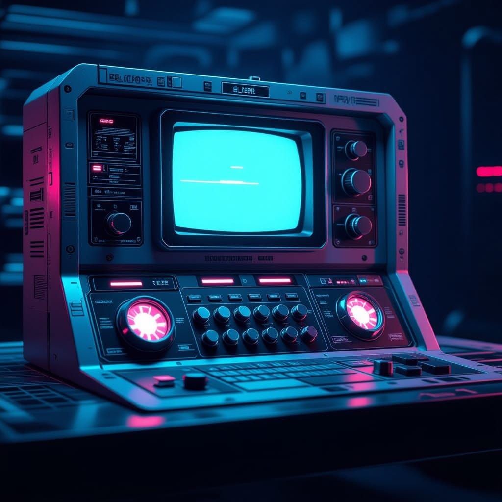 Retrofuturistic Control Panel in Neon-Lit Industrial Aesthet...