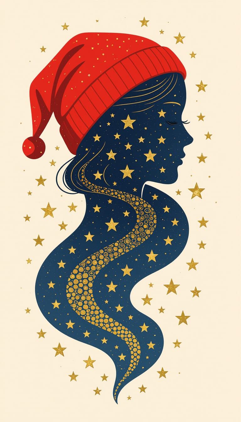 Red Hat With Falling Gold Particles on Dark Blue