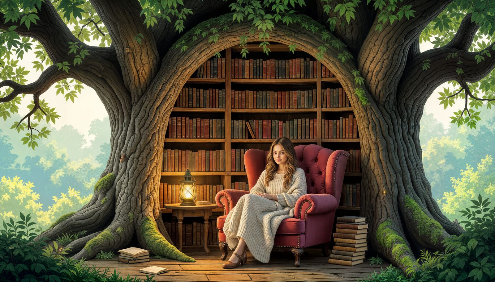 Cozy Treehouse Reading Nook in Painterly Style