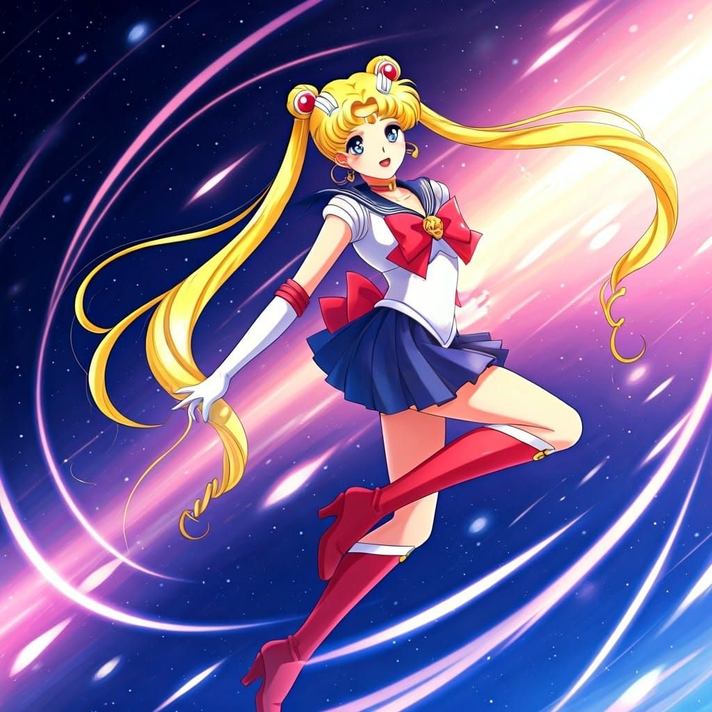 Sailor Moon in Vibrant Mid-Air Pose