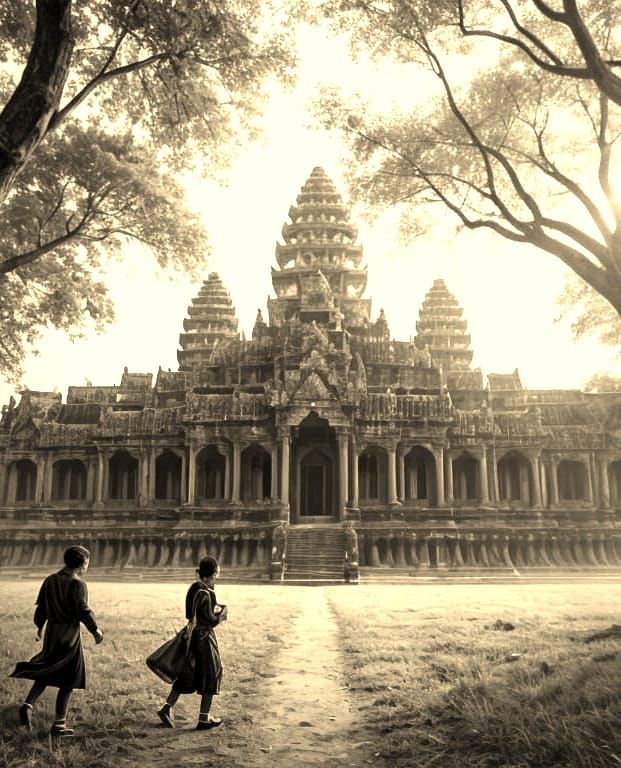 Angkor Wat Temple Ruins in Misty Cambodian Jungle