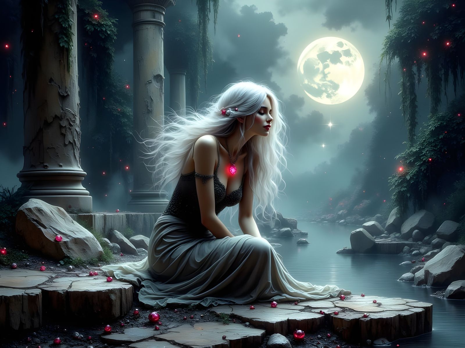 Norse Goddess in Temple Ruins: Ink Art