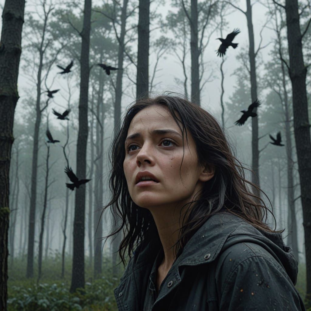 Melancholy Woman in Stormy Landscape with Man Walking Toward...