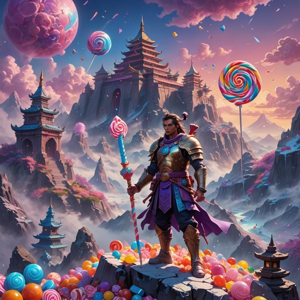 Candy Warrior on Mountain Peak in Fantasy Style