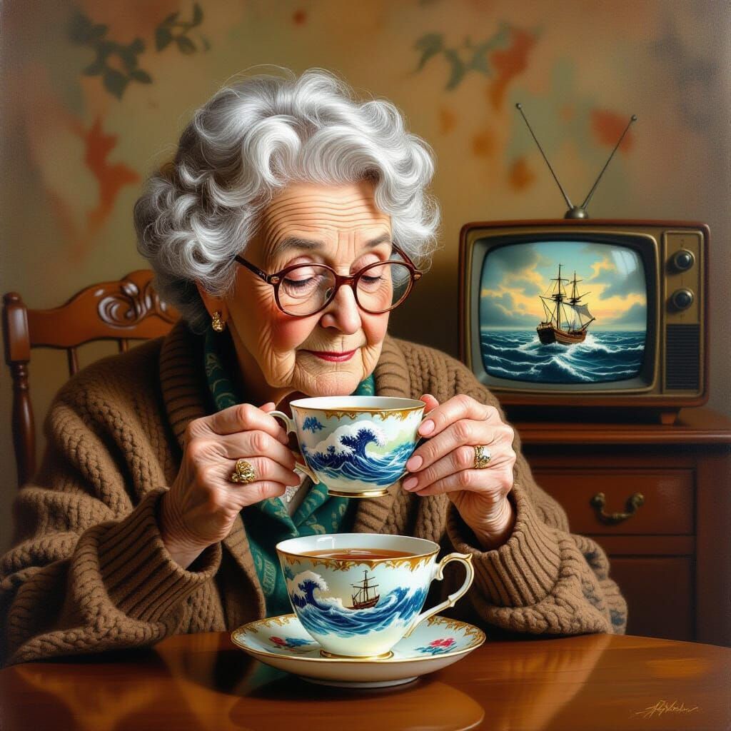 Miniature Stormy Sea in Teacup, Surreal Art