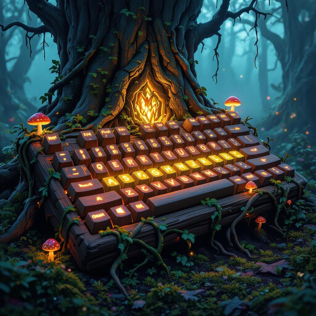 Mystical Keyboard Grown from Ancient Glowing Tree
