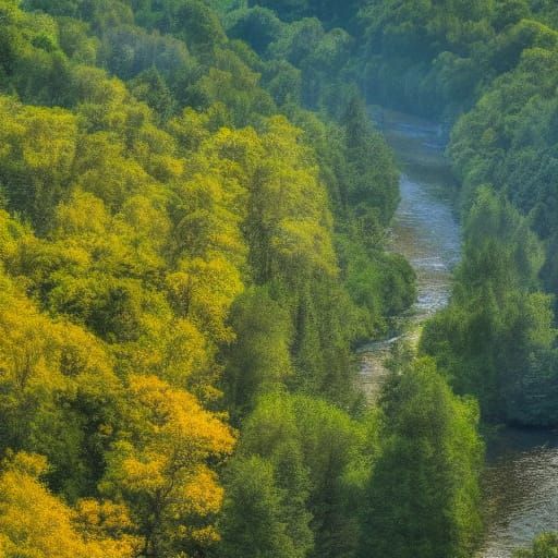 Impressionist River Flows Through Forest at Sunrise
