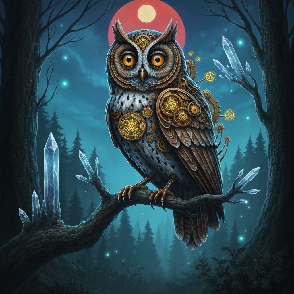 Biomechanical Owl Perched in Surrealist Landscape