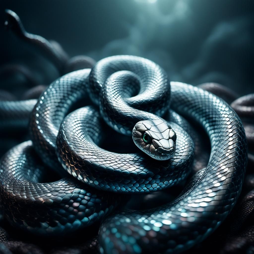 Metallic Snake Coils in Dark, Misty Environment