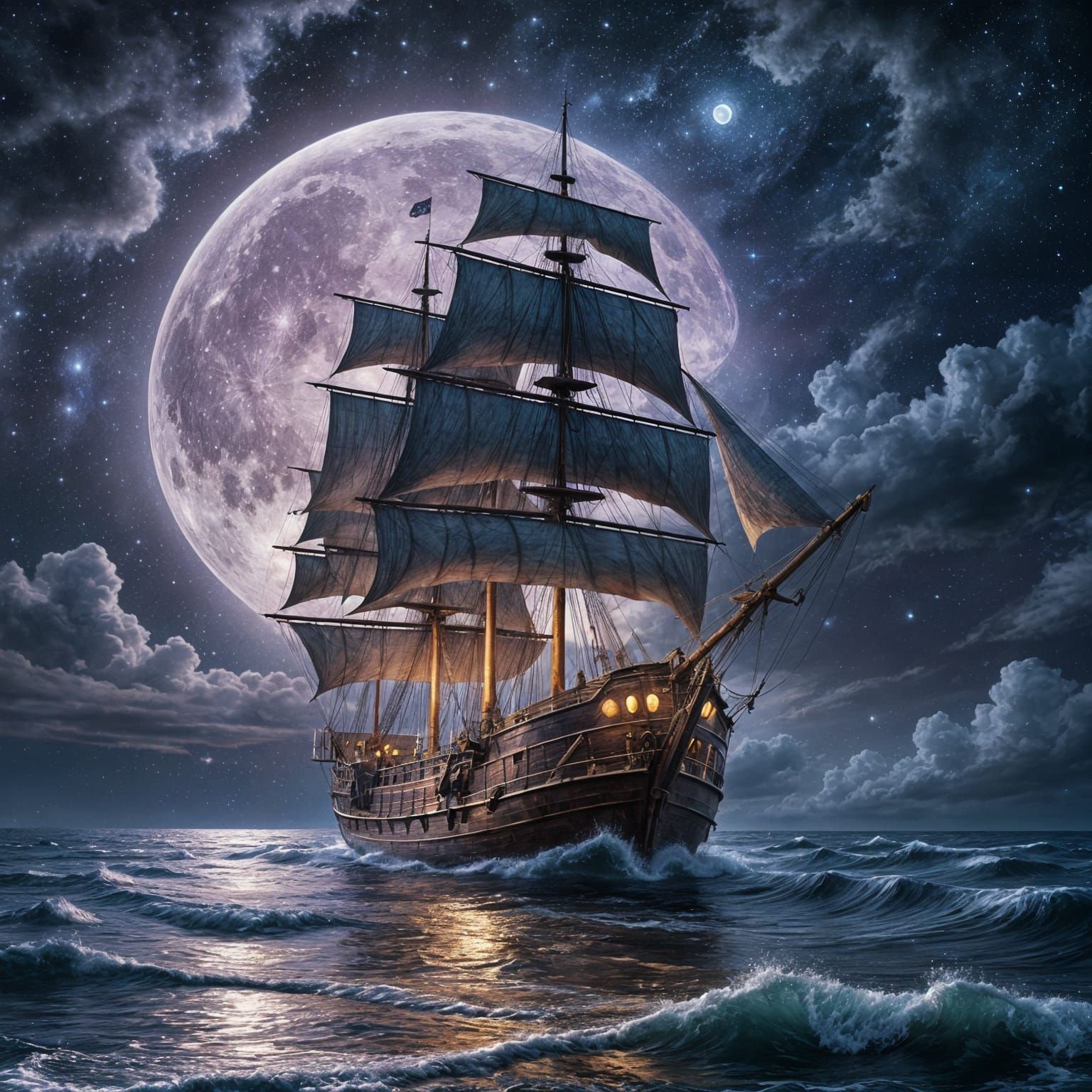 Fantasy Galleon Under Full Moon in Mixed Media