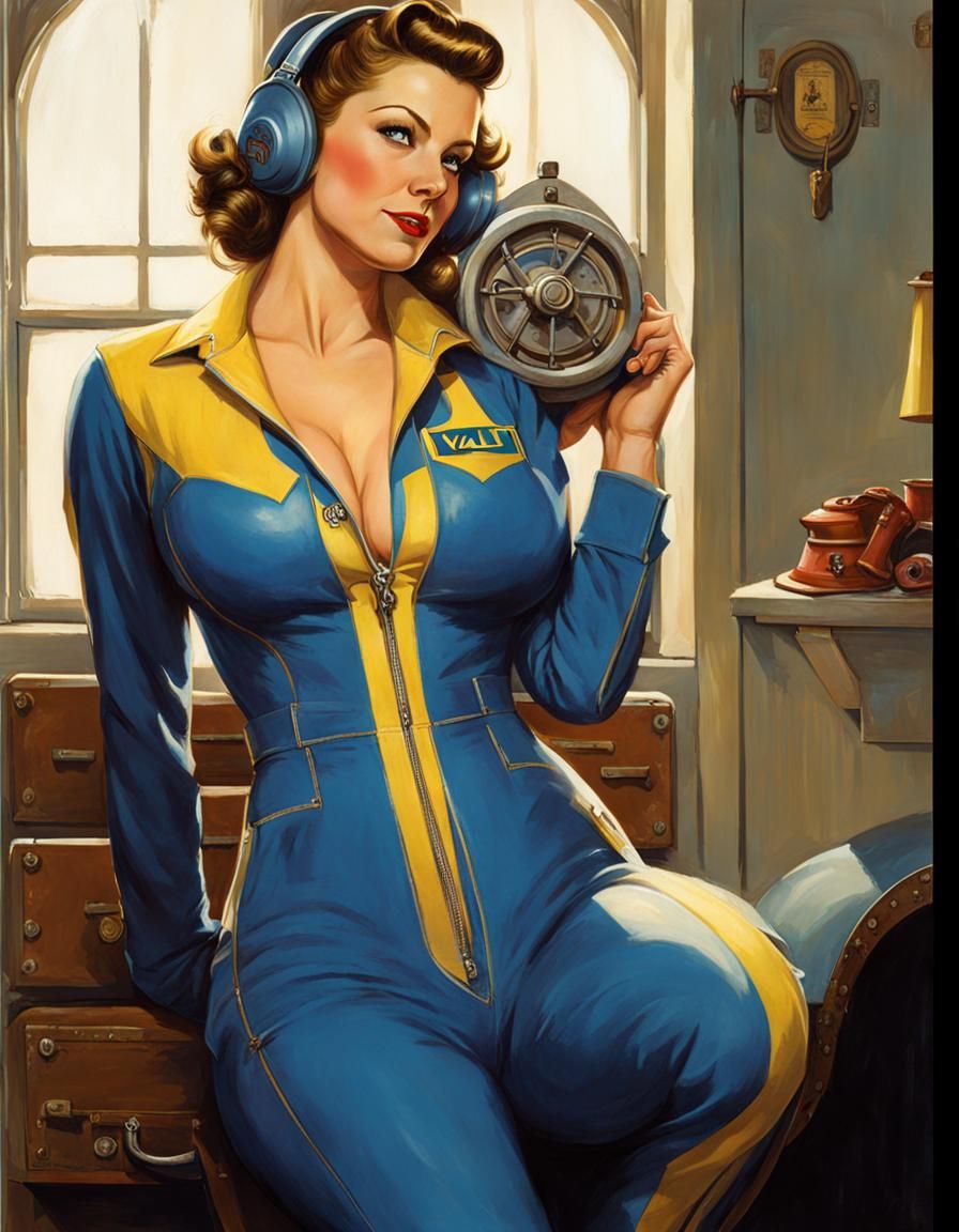 An illustration of a woman wearing a Vault-Tec jumpsuit