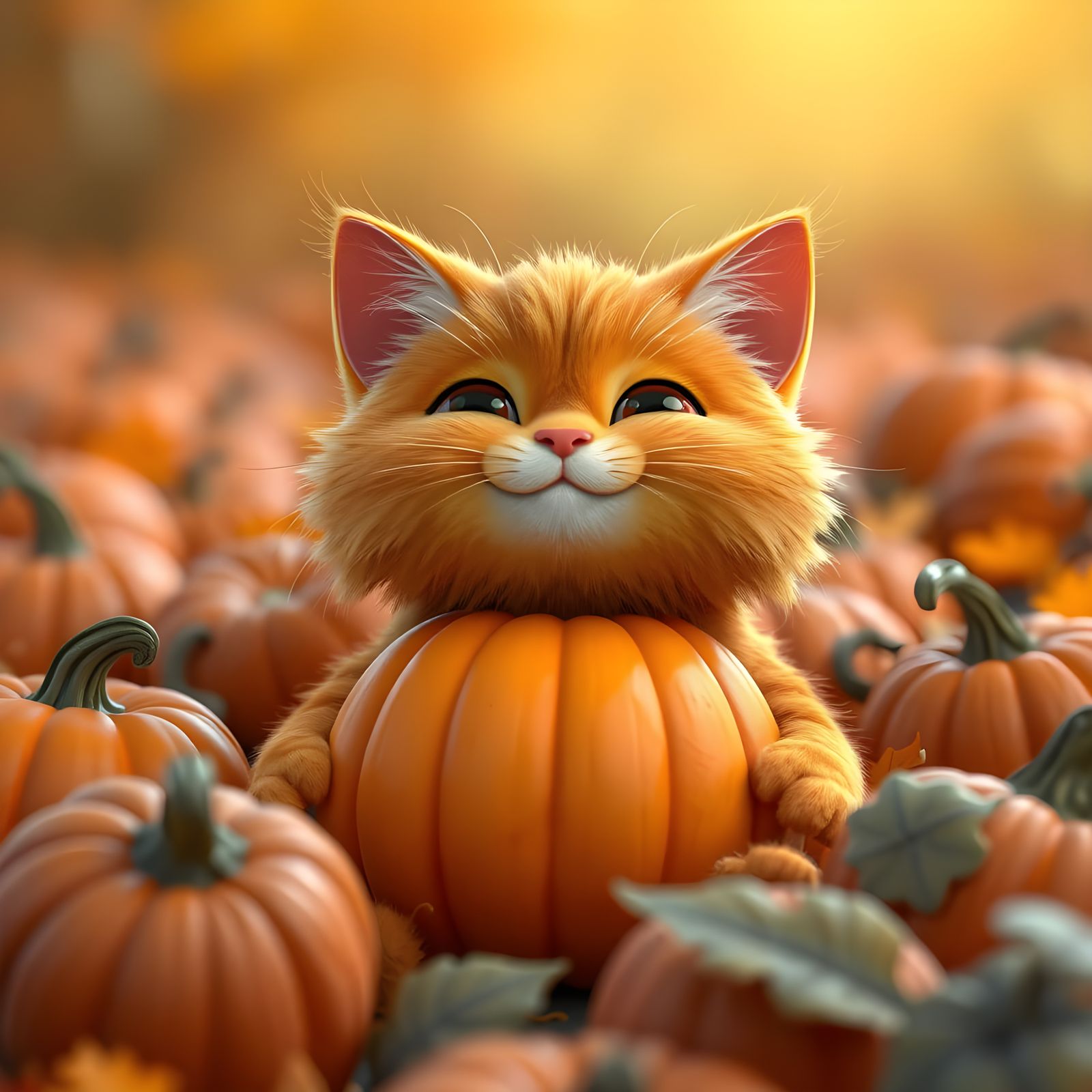 Whimsical Feline Pumpkin in Autumn Patch