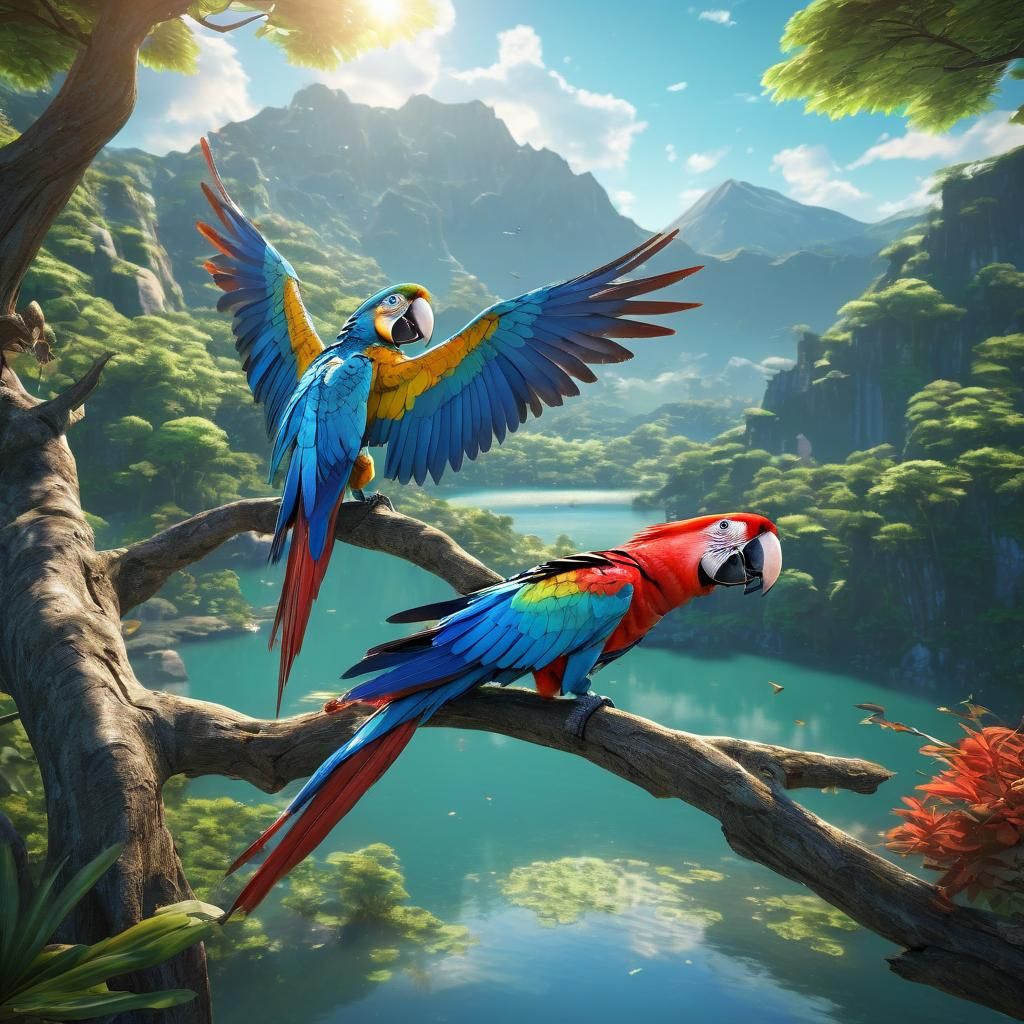 Exotic Macaws on Tree Branch in 3D Anime Art