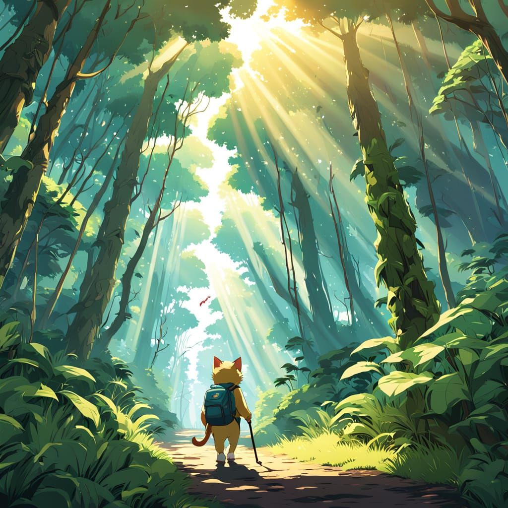 Whimsical Cat Embarks on Rainforest Adventure in Vibrant Dee...