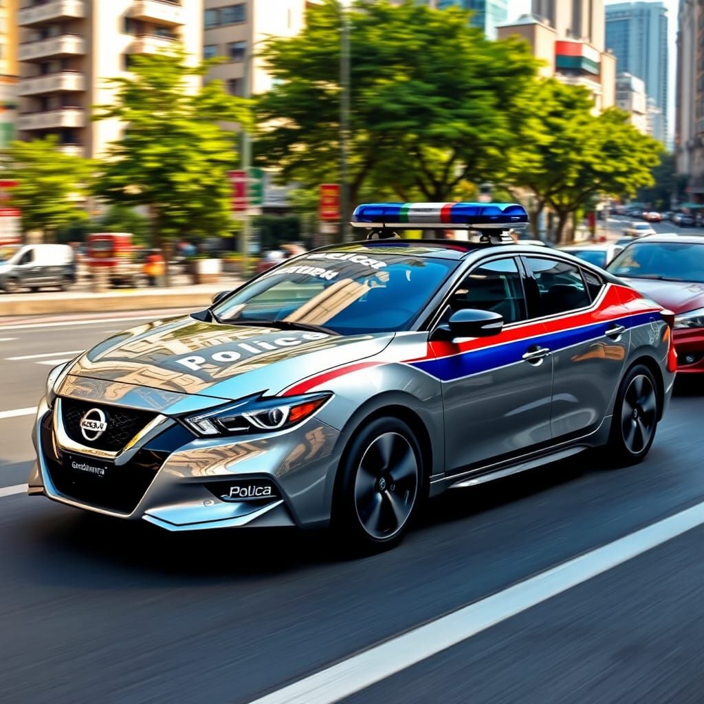 Nissan Maxima Morphs into Police Car in Cityscape