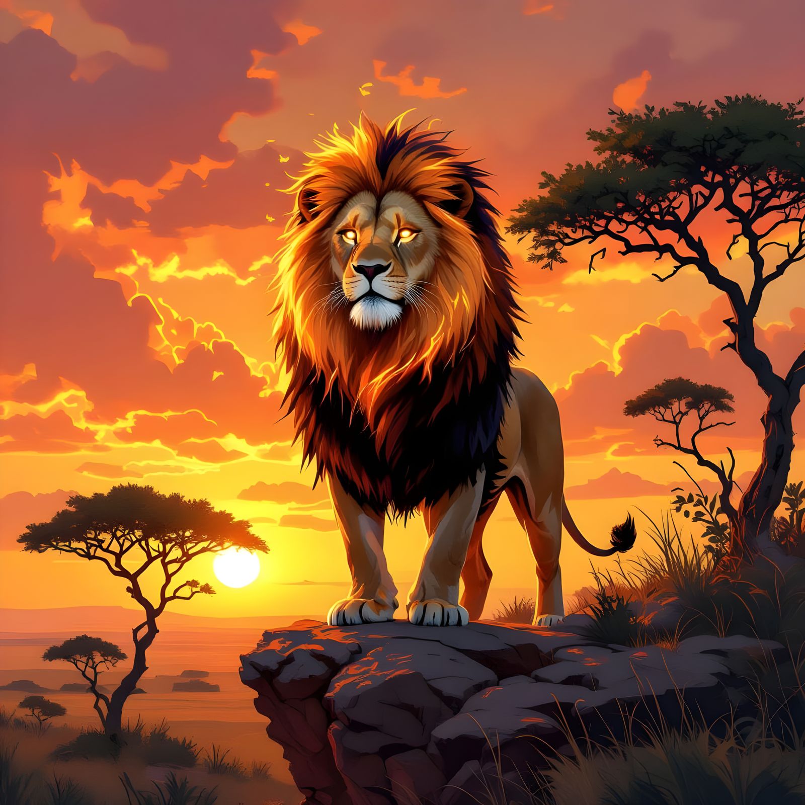 Lion with Mane of Fire Overlooking Savannah