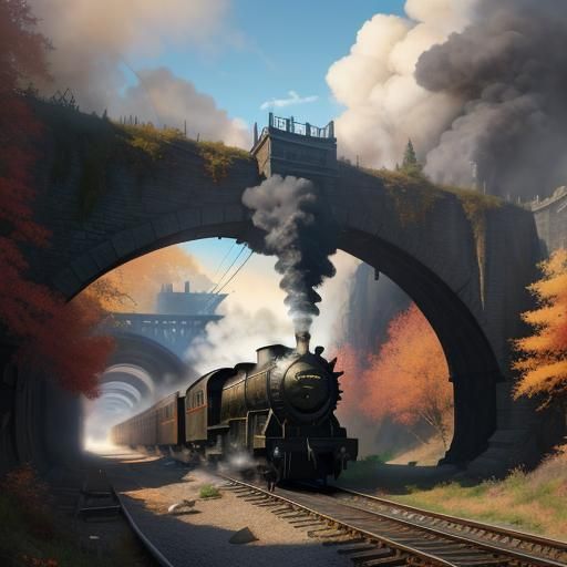 Steam Train Emerges in Watercolor Autumn Scene