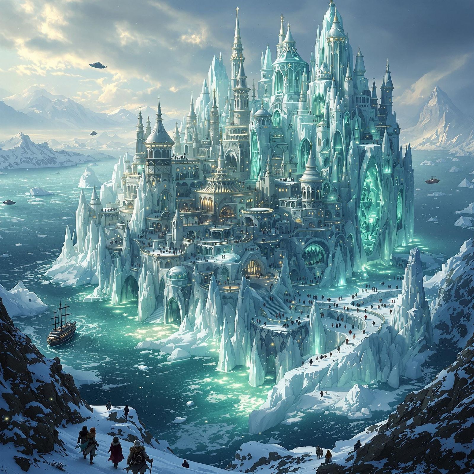 Majestic Polar Metropolis with Iceberg and Airships