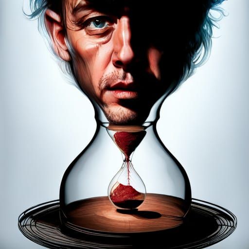 Man Escaping Ornate Hourglass in Surreal Fantasy Art