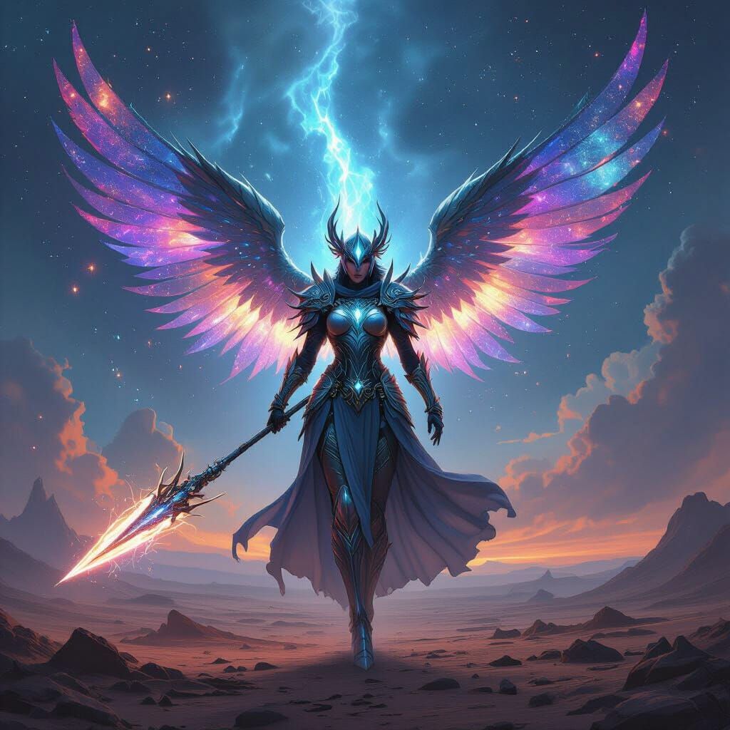 Celestial Valkyrie Descends on Alien Planet in Digital Art