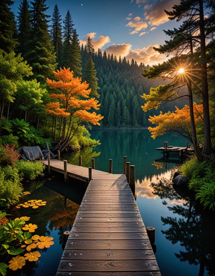 Serenely Illuminated Lake Scene in Vibrant Watercolors