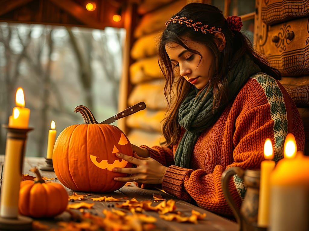 Woman Carving Pumpkin by Candlelight on Rustic Porch