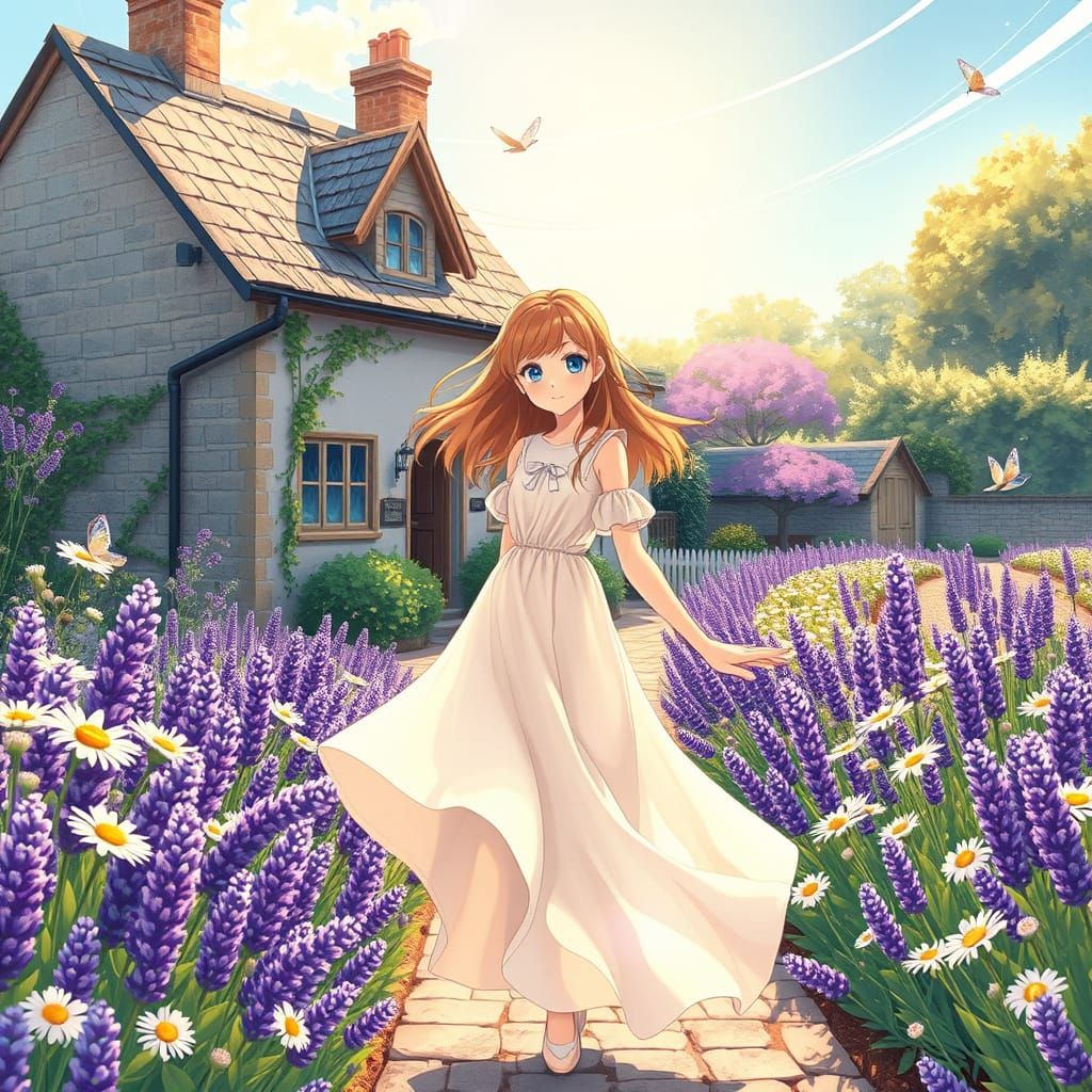 Anime Girl in a Blooming Cottage Garden