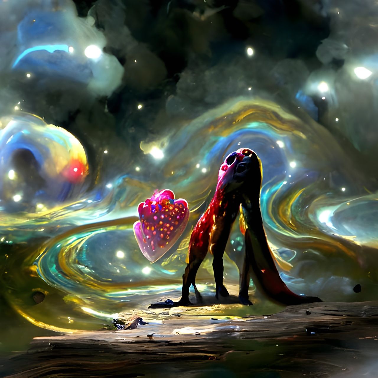 Heart Galaxy Fantasy Creature in Psychedelic Painting