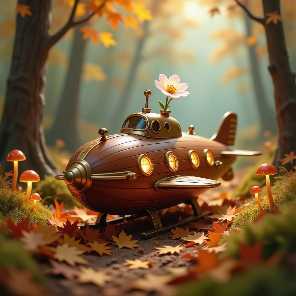 Miniature Wooden Submarine in Autumn Forest