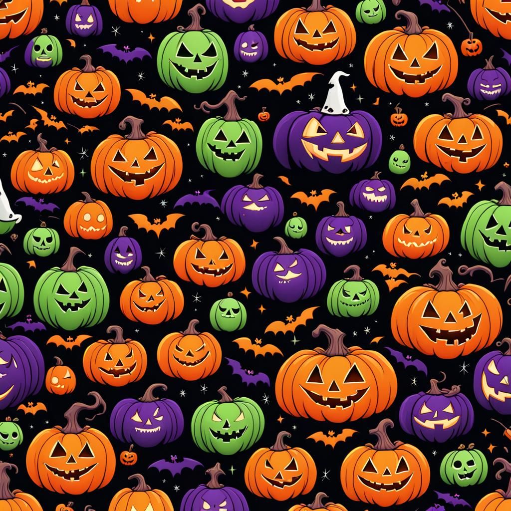 Cartoon Halloween Pattern with Pumpkins and Bats