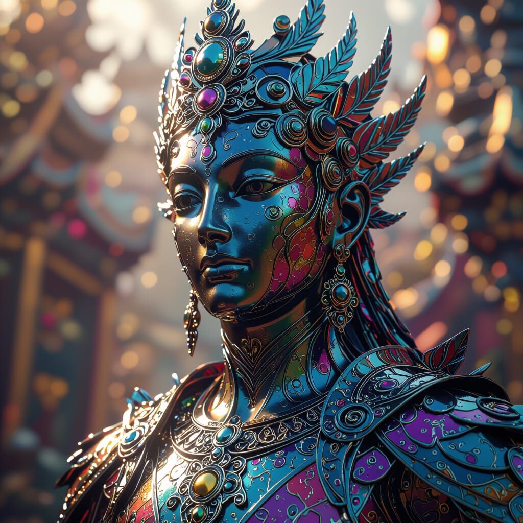 Multicolored Metal Statue in Fantasy Concept Art Style