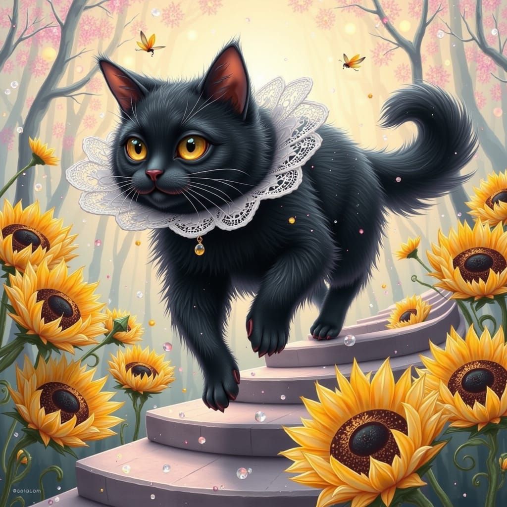 Persian Cat Climbing Sunflower Stairs in Impressionist Style
