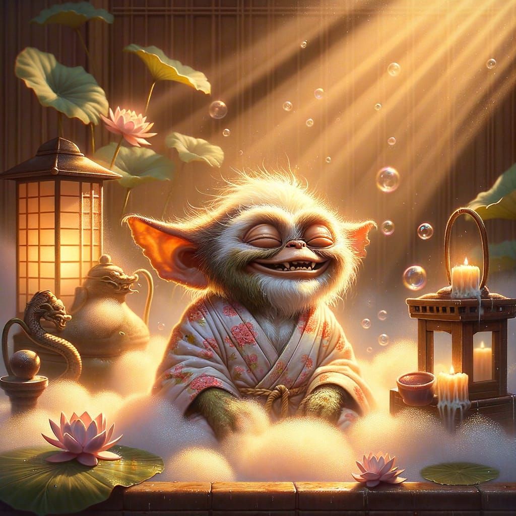 Gremlin's Serene Bubble Bath in Ukiyo-e Style