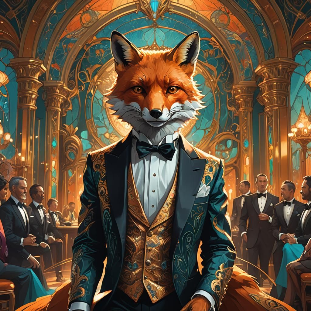 Fox Businessman in Tuxedo, Art Nouveau Style