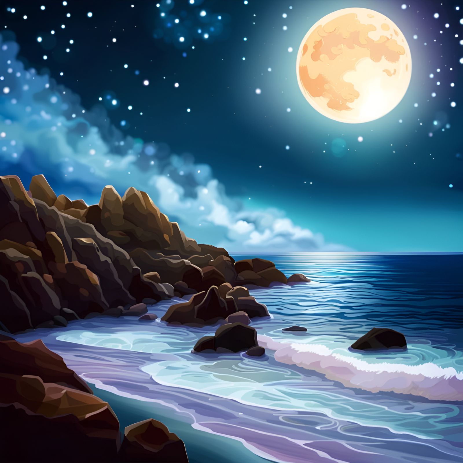 Moonlit Fantasy Beach with Starry Sky
