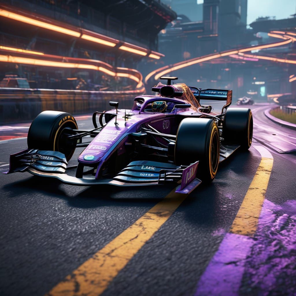 Futuristic Formula 1 Cars Speed on a Neon-Lit Road