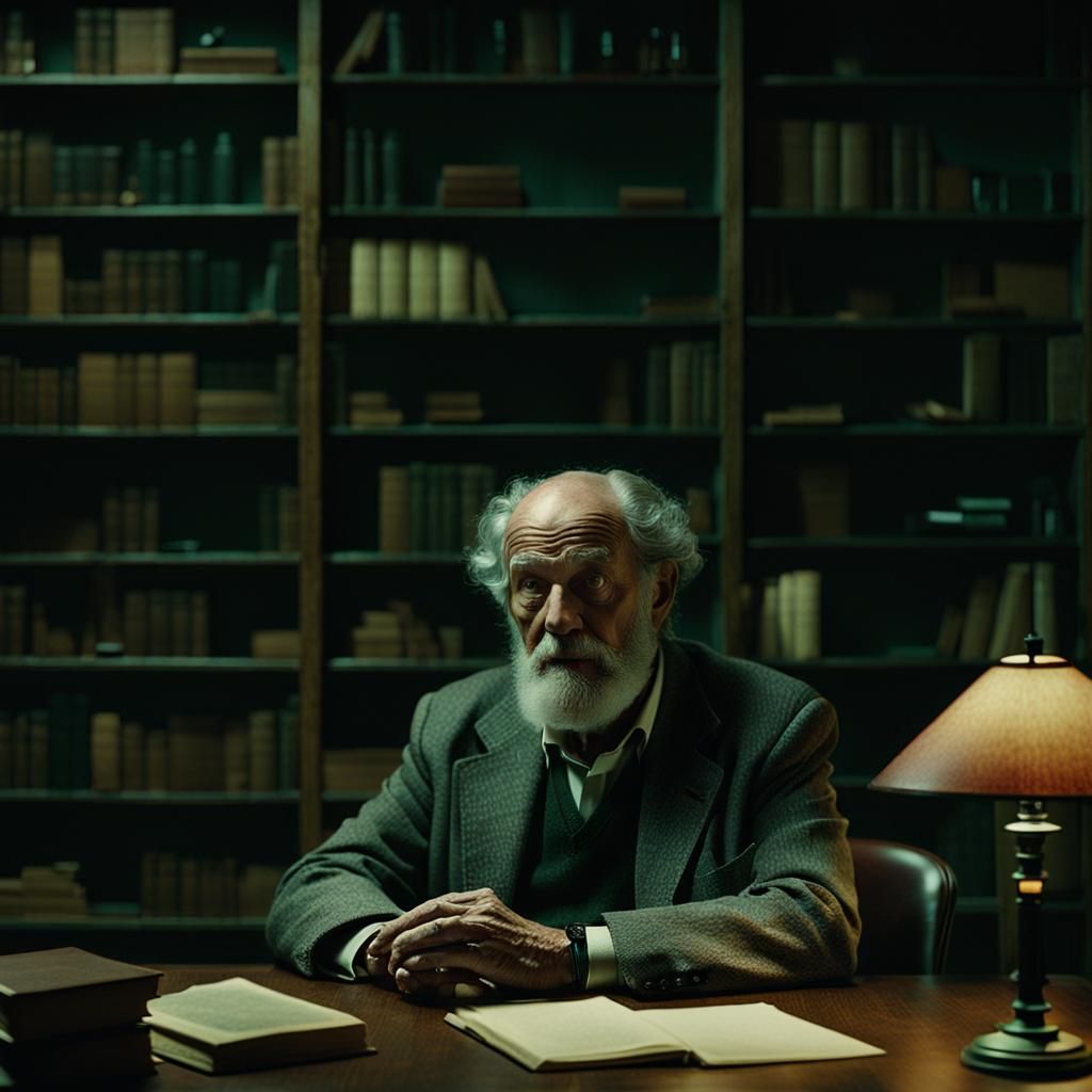 Elderly Man in Dimly Lit Study, Cinematic Still