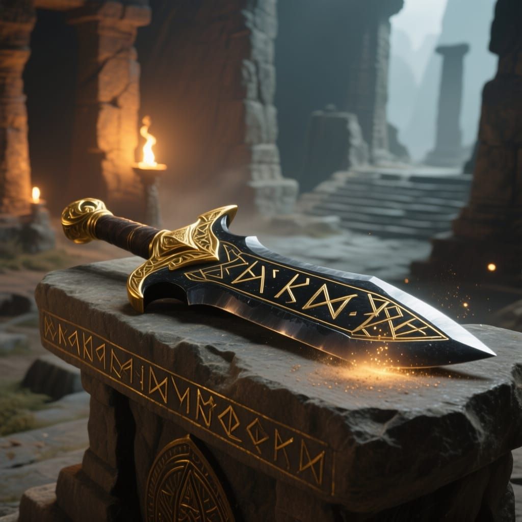 Ancient Obsidian and Gold Tool on Altar, Glowing with Mystic...