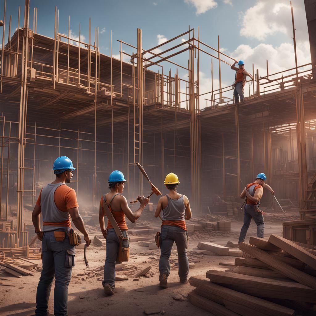 Latino Workers Constructing Buildings: Detailed Matte Painti...